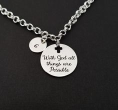 With God All Things Are PossiblePersonalized Stainless Steel Bible Verse Bracelet! A round charm printed with "With God All Things Are Possible" on a bright silver chain makes the perfect gift for you or a loved one.The bible verse bracelet charm is made from stainless steel and measures 24 mm by 24 mm.  The bracelet is high quality zinc alloy and measures 8.5".  The religious bracelet can be personalized with a .5" silver plated disc stamped with the initial of your choice.  The charm and initi Stainless Steel Charm Bracelet For Friendship, Stainless Steel Round Charm Bracelet For Friendship, Friendship Stainless Steel Charm Bracelet, Nickel-free Stainless Steel Round Charm Bracelet, Inspirational Hypoallergenic Jewelry, Nickel Free Circular Bracelets For Gift, Chef Necklace, Verse Bracelet, Bible Verse Bracelet