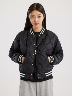 Editor's notesIt is a relaxed fit and trendy varsity jacket for unisex. The jacket is easy to match with any items and make casual outfit. The quilted puffer fabric adds volume and keeps warmth. The jacket has snap button closure and logo patch on the sleeve.F- Relaxed fit- Ribbed neck, cuffs, hem- Stripe point- Side pocketsMeasurements(in.)W(Women One Size) / M(Men One Size)- Length: 18.9 in. / 21.7 in.- Chest: 20.7 in. / 24.8 in.- Hem: 21.9 in. / 25 in.- Sleeve Length: 23.8 in. / 27.4 in.Compo Sporty Puffer Outerwear For Streetwear, Sporty Streetwear Puffer Outerwear, Streetwear Cotton Puffer Jacket With Padded Collar, Urban Quilted Jacket For Streetwear, Casual Puffer Windbreaker For Streetwear, Sporty Quilted Outerwear For Streetwear, Sporty Streetwear Puffer Jacket With Ribbed Cuffs, Sporty Quilted Puffer Jacket, Sporty Puffer Jacket With Ribbed Cuffs For Streetwear