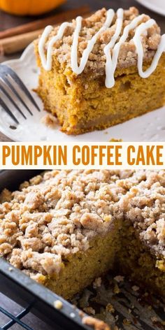 pumpkin coffee cake with white frosting on top