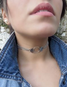 "Circle Silver Choker, Chain Choker Necklace, Ring Choker, Dainty Choker, Silver Statement Choker, Gothic O Ring Collar, Delicate Ring Choker ❤ BUY ANY 2 ITEMS ANS GET 15% OFF!! (USE COUPON CODE '15OFF') ❤ ❤ BUY ANY 4 ITEMS ANS GET 20% OFF!! (USE COUPON CODE '20OFF') ❤ ❤ BUY ANY 6 ITEMS AND GET 25% OFF!! ((USE COUPON CODE '25OFF') ❤ Complete any outfit with this unique gorgeous fashionable and trendy metal silver chain and ring connector. Made from 3 lines of 1.5mm zinc alloy cahin metal linked Suede Choker Necklace, O Ring Choker, Turquoise Choker, Choker Silver, Metal Choker, Choker Chain, Dainty Choker, Statement Choker, Necklace Ring