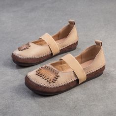 Brown Moccasins With Stitched Sole, Comfortable Beige Slip-on Leather Shoes, Brown Flat Heel Moccasins With Stitched Sole, Brown Slip-on Moccasins With Round Toe, Beige Moccasins With Stitched Sole And Round Toe, Comfortable Beige Leather Shoes, Suede Flats With Round Toe, Brown Leather Moccasins With Textured Sole, Brown Leather Shoes With Stitched Sole And Round Toe