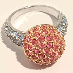 Hot Pink And Baby Blue Cz Encrusted Dome Ring With Rhodium Plating Finish Will Retain Shine For Years Ring Size 7.5 Brand New! Pink Jeweled Jewelry For Anniversary, Silver Jeweled Cubic Zirconia Rings, Silver Jeweled Rings Made Of Cubic Zirconia, Silver Jeweled Rings With Cubic Zirconia, Pink Jeweled Ring Perfect For Gift, Silver Crystal Rings With Jeweled Detail, Silver Jeweled Crystal Rings, Pink Crystal Rings For Anniversary, Pink Jeweled Rings For Party