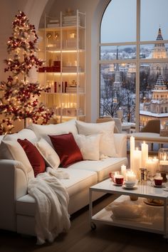 a living room filled with furniture and a christmas tree next to a large window covered in lights