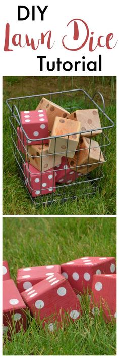 a basket filled with red dices sitting on top of a green grass covered field