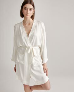 Now available in a range of sizes, our dreamy silk robe is the key to living your best life ever. Made from 100% mulberry silk that's easily washable, this is low-maintenance luxe at its finest. And there's a beauty bonus: Silk fiber contains 18 kinds of amino acids that make it amazing for skin nourishment. It's also hypo-allergenic and naturally thermoregulating to keep you comfy whenever you slip it on.  | Quince | Women's Robe in Ivory, Size Large, Mulberry Silk Best Life Ever, Silky Robe, Silk Pajamas Women, Silk Fiber, Living Your Best Life, Women's Robe, Silk Robe, Silk Gown, Live Your Best Life