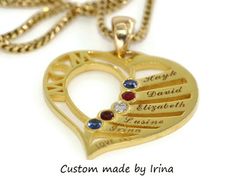 Custom Made Mother's Day Personalized Heart Pendant Necklace with Kids and Grandkids Names + Birthstones.  Meaningful gift that your mother will appreciate and cherish forever.  Metal: 14k solid gold - please choose the gold color at checkout.  Stones: 2 mm Natural High-Quality Sapphire, Ruby, Diamond etc.  5 Natural Stones are included.  Weight: Approximately 030 cwt. If you need less stones or more please contact me with any questions and/or custom requests.  Pendant Dimensions of the pendant: Gold Heart Cut Birthstone Necklace For Anniversary, Gold Birthstone Necklace For Valentine's Day Anniversary, Yellow Gold Pendant Birthstone Necklace For Anniversary, Engraved White Gold Birthstone Necklace For Anniversary, Yellow Gold Heart Jewelry As A Gift For Mom, Yellow Gold Birthstone Pendant Necklace For Anniversary, Yellow Gold Jewelry For Anniversary And Mother's Day, Heirloom Yellow Gold Jewelry For Valentine's Day, Gold Engraved Birthstone Necklace For Anniversary