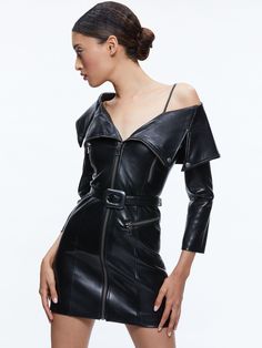 Miara Vegan Leather Moto Dress In Black Romantic Gamine, Moto Dress, Dramatic Romantic, Applique Jacket, Mini Gown, Tiered Ruffle Mini Dress, Brooklyn And Bailey, Halterneck Mini Dress, Black Leather Dresses