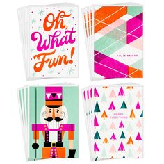 four cards with different designs on them and the words oh what fun written in bold colors