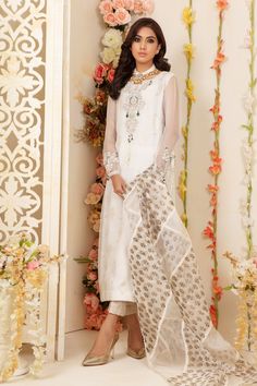 [Best Selling Pakistani Fashion Designer Women's Dresses Online]-Haniya Jibran White Anarkali Blouse With Sheer Dupatta, Designer White Blouse With Sheer Dupatta, White Blouse With Sheer Dupatta For Diwali, Designer Wear Organza Blouse Piece For Transitional Season, Festive Organza Blouse Piece For Transitional Season, Transitional Organza Blouse Piece For Designer Wear, Festive Transitional Organza Blouse Piece, Wedding Blouse With Sheer Dupatta For Eid, Long Sleeve Cotton Silk Kurta With Sheer Dupatta