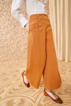 Polina Pant - Chamomile Double-Breasted Wide-Leg Pants - Ulla Johnson Chic Beige Cropped Wide Leg Pants, Beige Cropped Wide Leg Pants For Work, Summer Wide-leg Bottoms With Button Cuffs, Spring Wide Leg Pants With Button Closure, Spring Wide Leg Pants With Button Cuffs, Summer Wide Leg Bottoms With Button Cuffs, Summer Wide Leg Pants For Work With Button Closure, Cropped Leg Workwear Bottoms With Buttons, High Waist Linen Bottoms With Buttons