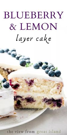 blueberry and lemon layer cake on a plate with the title in english above it