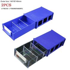 two plastic storage boxes with dividers on the bottom and one is open to reveal compartments