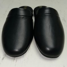 They Appear As Brand Nee & Unworn , No Issues , Odors , Smoking Or Pets Black Leather Slip-on Mules, Classic Black Mules With Rubber Sole, Black Leather Slippers With Branded Insole, Elegant Black Leather Slippers, Black Leather Slippers With Removable Insole, Classic Black Closed Toe Mules, Classic Closed Toe Synthetic Mules, Classic Round Toe Synthetic Mules, Classic Black Mules With Cushioned Footbed