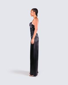 Walk into any room and steal the show in this glamorous two piece look ⭐ This satin black maxi dress is paired with a black sequin corset for a fit that gives off a powerful bad b*tch energy that will be impossible to ignore 🖤 Sleek Satin Maxi Dress For Night Out, Black Satin Dress For Night Out During Prom Season, Fitted Maxi Dress With Satin Finish For Evening, Floor-length Evening Dress With Corset Back For Night Out, Black Satin Corset Dress For Prom, Black Sleeveless Satin Prom Dress, Fitted Full Length Satin Evening Dress, Black Floor-length Corset Dress For Gala, Satin Finish Maxi Length Evening Dress For Night Out