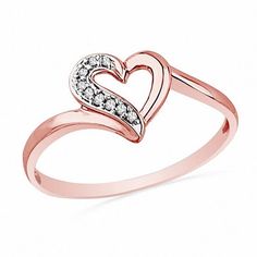 Treat her to a look with a little shimmer and a lot of love. Beautifully crafted in precious 10K rose gold, this simple band is topped with a diamond-accented open heart. Destined to delight, this charming ring is finished with a bright polish. Heart Ring Design, Ring For Kids, Heart Rings, Gold Heart Ring, Heart Party, Black Gold Jewelry, Flower Engagement Ring, Gold Rings Fashion, Peoples Jewellers