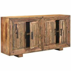 a wooden cabinet with two doors and three shelves on one side, made out of wood planks