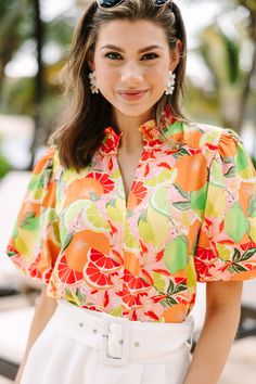 vibrant blouses, bold blouses, spring blouses, fruit prints Print Blouse Outfit, Colorful Blouse, Colorful Blouses, Mint Julep Boutique, Mint Julep, Beautiful Clothes, Find You, Model Fits, Floral Blouse