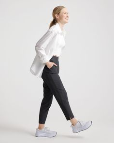 These look like classic work pants, but move like your favorite activewear. Our lightweight, breathable Performance Tech Commuter Pants have just the right amount of stretch for days when you’re on the go, plus the sun protection and quick-dry properties of top-notch performance wear.  | Quince | Women's Performance Tech Ankle Pants in Black, Size Medium, Recycled Polyester Functional Tapered Leg Activewear With Side Pockets, Casual Jogging Pants With Functional Pockets, Casual Jogging Bottoms With Functional Pockets, Versatile Activewear With Side Pockets And Tapered Leg, Functional Moisture-wicking Tapered Leg Bottoms, Versatile Activewear With Tapered Leg And Side Pockets, Casual Workout Pants With Functional Pockets, Workwear Athleisure Ankle-length Pants, Versatile Workout Joggers With Tapered Leg