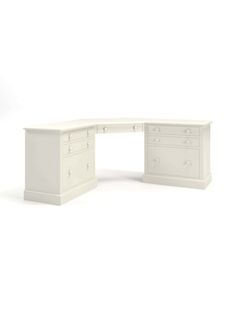 a white desk with two drawers on the top and one drawer at the bottom, in front of a white background