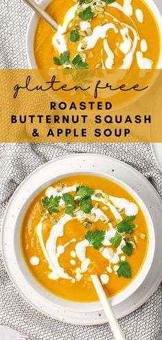 two bowls of roasted butternut squash and apple soup