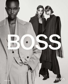 three models in black and white with the words boss on them, including one wearing a coat