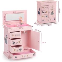 a pink wooden jewelry box with drawers and mirror on the top, next to it's measurements