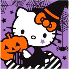 a hello kitty holding a jack - o - lantern in front of a purple background