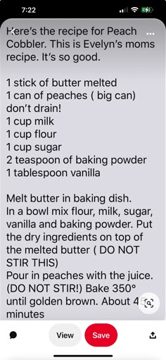 the recipe for peach cobbler is shown in this screenshot from their iphone app