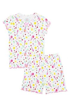 These irresistibly cute and comfy PJs are cut from soft cotton in a short style that's perfect for keeping your little one cool on hot nights. Ruffled lettuce edges and a vibrant print add to the sweet sleepy-time charm. This item is designed to fit snugly, as it is not flame-resistant Shorts have elastic waist 100% cotton Machine wash, tumble dry Imported Kids' Wear Cute Cotton Pajama Shorts For Sleep, Cute Cotton Sleepwear For Sleepover, Sweet Cotton Sleepwear For Pajama Party, Playful Short Sleeve Onesie For Spring, Cotton Pajama Shorts For Spring Sleepovers, Sweet Cotton Sleepwear For Sleepover, Sweet Sleepwear For Spring Sleepover, Sweet Sleepwear For Sleepover In Spring, Sweet Spring Sleepwear