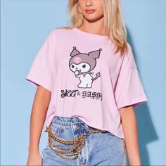 Forever 21 Kuromi T-Shirt Kawaii Letter Print Tops For Streetwear, Trendy Tops With Cartoon Print For Streetwear, Kawaii T-shirt With Funny Print For Summer, Kawaii Cat Print Summer Tops, Kawaii T-shirt For Spring Streetwear, Summer Kawaii Cat Print Tops, Kawaii Cat Print Tops For Summer, Casual Pink Hello Kitty T-shirt, Trendy Cotton T-shirt With Hello Kitty Print