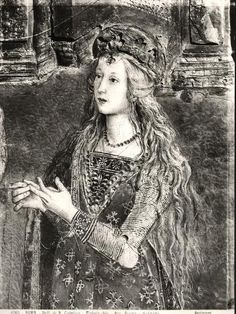 a drawing of a woman with long hair wearing a crown and holding her hands out