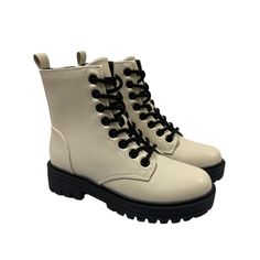 Soda Epsom Women's Off White Combat Style Boots These Have A Lace Up Front With A Side Zipper And A Chunky Black Platform. They Are Similar To Doc Martens Brand New In Box Multiple Sizes Available Perfect For A Festival Set, Rave Outfit, Dolls Kill Shoes, Demonia Lovers, Everyday Footwear, With 90s Grunge Clothing And More #Nwt #Summer #Punk #Goth #Alternative 90s Grunge Clothing, Shoes Demonia, Summer Punk, Dolls Kill Shoes, Grunge Clothing, Combat Style, Soda Shoes, Rave Outfit, Style Boots