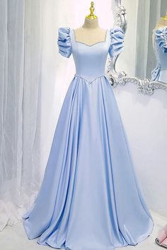 A Line Blue Satin Long Prom Dress Beaded Evening Dress Prom Dress Blue, Blue Evening Dress, Gorgeous Prom Dresses, 파티 드레스, Blue Evening Dresses, Evening Dresses Cocktail, فستان سهرة, Custom Size Dresses, Satin Prom Dress