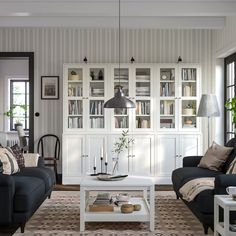 a living room with two couches, a coffee table and some bookshelves