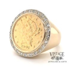 U.S. half eagle Liberty gold coin and diamond 14k ring, angled view Estate Ring, Estate Rings, Lady Liberty, Gold Coin, Olive Branch, Gold Coins, Pure Gold, Quality Diamonds, Bezel Setting