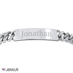 Identify yourself, remember a loved one, or display a special date with this classic engravable ID bracelet. Handcrafted in stainless steel, this 8.5" men's bracelet features a curb-link chain secured with a lobster clasp for just the right fit. Classic Personalized Bracelet, Classic Personalized Sterling Silver Bracelets, Classic Sterling Silver Personalized Bracelet, Classic Sterling Silver Custom Name Bracelet, Personalized Nameplate Chain Bracelet For Anniversary, Classic Nameplate Bracelet For Gift, Classic Customizable Sterling Silver Name Bracelet, Customizable Classic Sterling Silver Name Bracelet, Customizable Classic Sterling Silver Bracelets