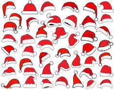 a collection of red santa hats with white caps on them, all in different sizes and shapes