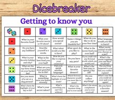 the dicebreakerr game is shown on a wooden table with text that reads, getting to know you