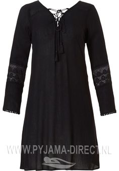 Pastunette Beach 'tunic style' long sleeve  black holiday cover-up with tassle front tie with loop hole back, pretty embroidered sleeves with bobble detail trim - Look pretty & just perfect for Summer! Black Beach