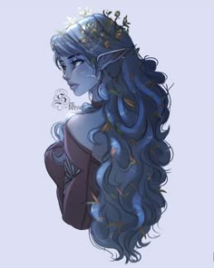 a drawing of a woman with long blue hair wearing a tiara on her head