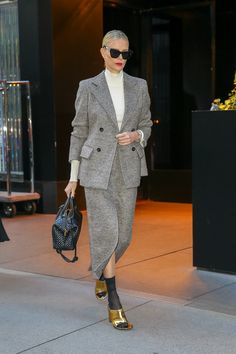 Charlize Theron Style, Oversized Black Sunglasses, Miu Miu Dress, Grey Wool Suit, Transitional Fashion, Summer Footwear, Sheer Socks, Summer Shoe, Given Up