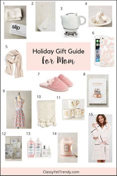 the holiday gift guide for mom is featured in this postcard with images and text