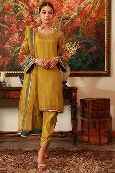 Yellow Silk Traditional Wear With Dabka Work, Yellow Lawn Suit With Dupatta For Wedding, Yellow Lawn Suit For Wedding And Festive Occasions, Designer Yellow Churidar With Intricate Embroidery, Yellow Unstitched Suit With Intricate Embroidery For Wedding, Festive Yellow Lawn Suit For Wedding, Fitted Traditional Lawn Suit In Tissue Silk, Yellow Anarkali Lawn Suit With Intricate Embroidery, Traditional Green Tissue Silk Lawn Suit