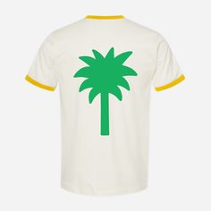 Embrace the beach vibes with our 100% cotton Palm Tree Ringer Tee! Featuring a vibrant green palm tree perfect for capturing the essence of laid-back island living. Product Details 100% Ring-Spun Cotton Natural and Yellow Made with Love Size + Fit Unisex Fits true to size Female model in the studio is 5'6 and wearing size S Female model on the beach is 5'6 and wearing size M Male model is 5'10 and wearing size L Summer Cotton T-shirt With Palm Tree Print, Cotton T-shirt With Tropical Print, Cotton Tropical Print T-shirt, Spring Tropical T-shirt With Palm Tree Print, Tropical Cotton T-shirt With Palm Tree Print, Tropical Palm Tree Print T-shirt For Spring, Cotton T-shirt With Palm Tree Print In Relaxed Fit, Beachy Cotton Tops For Poolside, Cotton Beachy Tops For Poolside