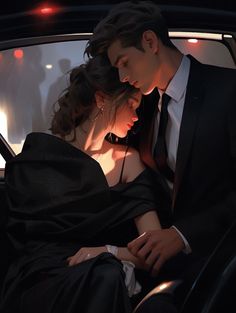 a man and woman are sitting in the back of a car, dressed in black