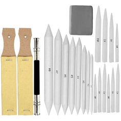 a set of knives and cutting tools are shown in this image