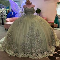 Angelsbridep Customized Sage Green Ball Gown Quinceanera Dress With Shiny Lace 3D Appliques Off Sage Green Ball Gown, Quinceanera Dresses Off The Shoulder, Green Quince Dress, Quinceanera Dresses Green, Xv Dresses, Green Quinceanera Dresses, Green Ball Gown, Green Quince