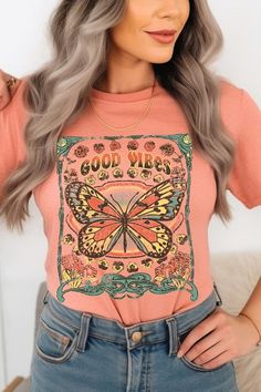 Spread good vibes with our Butterfly Graphic Tee! Made with high quality materials and a stylish design, this tee will make a statement wherever you go. The butterfly graphic adds a touch of beauty and positivity to your wardrobe. Feel good and look good with our Good Vibes Graphic Tee! Unisex Crew Neck Short Sleeve .High Quality Direct To Film Printed Graphic Design.100%COTTON,HEATHER(52%COTTON,48%POLY),ATH.HEATHER,BLACK HEATHER(90%COTTON,10%POLY) Good Vibes Graphic, Cute Short Sleeve T-shirt With Butterfly Print, Cute Butterfly Print Short Sleeve T-shirt, Pink Short Sleeve T-shirt With Butterfly Print, Multicolor Short Sleeve T-shirt With Butterfly Print, Multicolor Cotton T-shirt With Butterfly Print, Concert Festival, Butterfly Graphic, Romper And Jacket