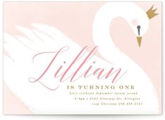 a white swan with a crown on it's head and the words, lilann is turning one