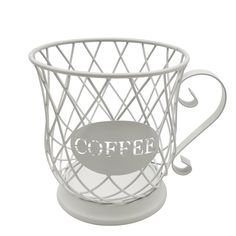 a white coffee cup with the word coffee on it's side and a handle